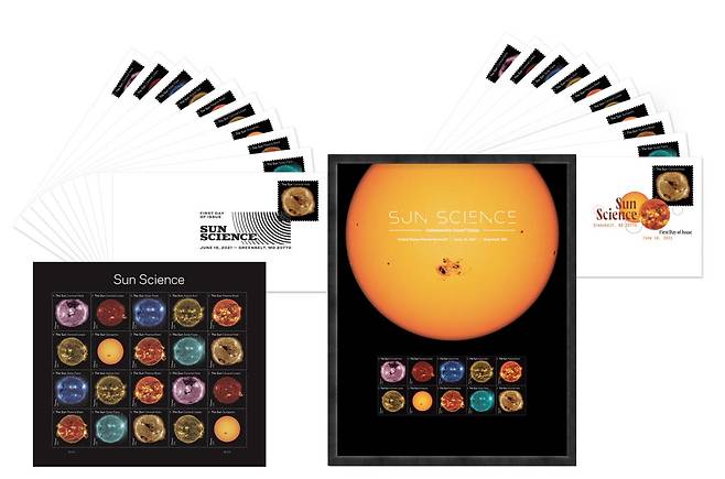 미국 우편국이 18일 발행한 ‘태양과학 우표’ 시리즈. (출처: USPS via collectSPACE.com)