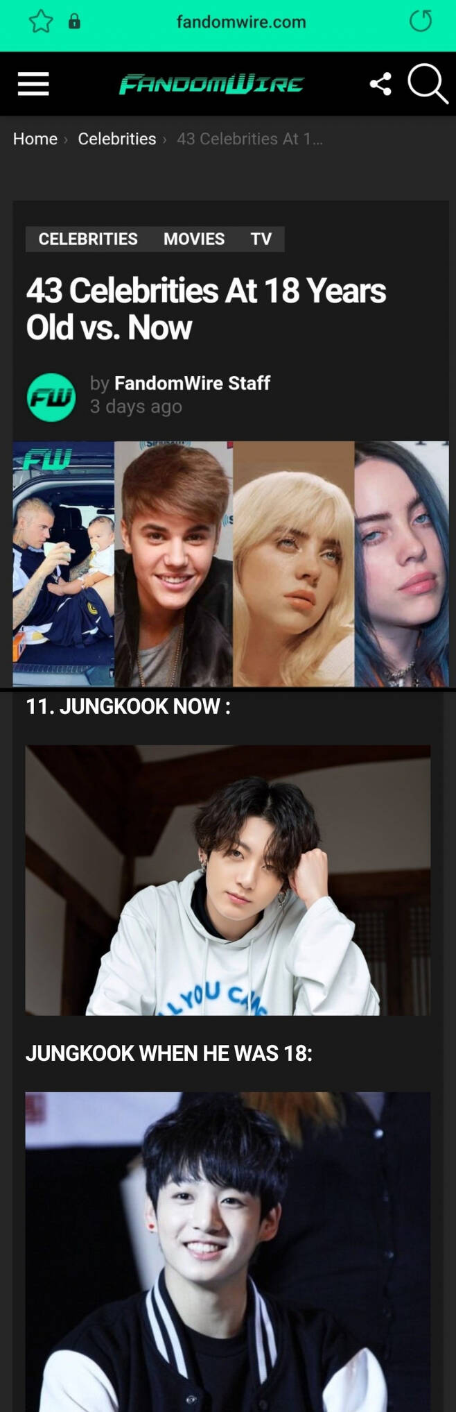 vs. Now ..BTS Jungkook, the only Réalisateur asiatique World Star among former World 43 CelebsUnited States of America entertainment media fandomwire recently said: 43 Celeb 18 years oldAnd now, introducing the former World 43 Celebs with their 18 years oldI posted a picture comparing the present and attracted attention.In particular, Jungkook made a strong global influence and presence in that he was the only one with 42 prominent superstars and Réalisateur asiatiques that wrinkled the times.18 years old, which is very different from now.And the photos of the recent selves added to the fun and interest of watching and attracted more attention.18 years old in the picture introducedJungkook was looking at the fans with a clear face with a pure eye smile at the fan meeting place, so he looked back at the memories.In contrast, Jungkook is also impressed with his mature masculinity, with his long wave hair and his fascinating eyes.Meanwhile, Jungkook is also listed on the Réalisateur asiatique top rankings with worldly pop stars on the United States of America celebrity popular analytics site Famous Birthdays.Jungkook ranks 19th in the Worlds Most Popular Pop Singers category of Famous Birthdays as of Wednesday.It is the only Réalisateur asiatique in the top 20.