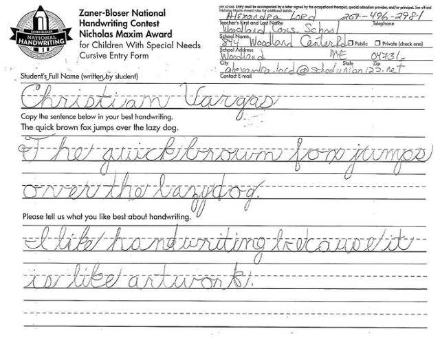 미국 메인주(州)의 우드랜드 통합학교 7학년에 재학중인 크리스천 베르거스가 쓴 필기체. 뉴욕타임스 캡처