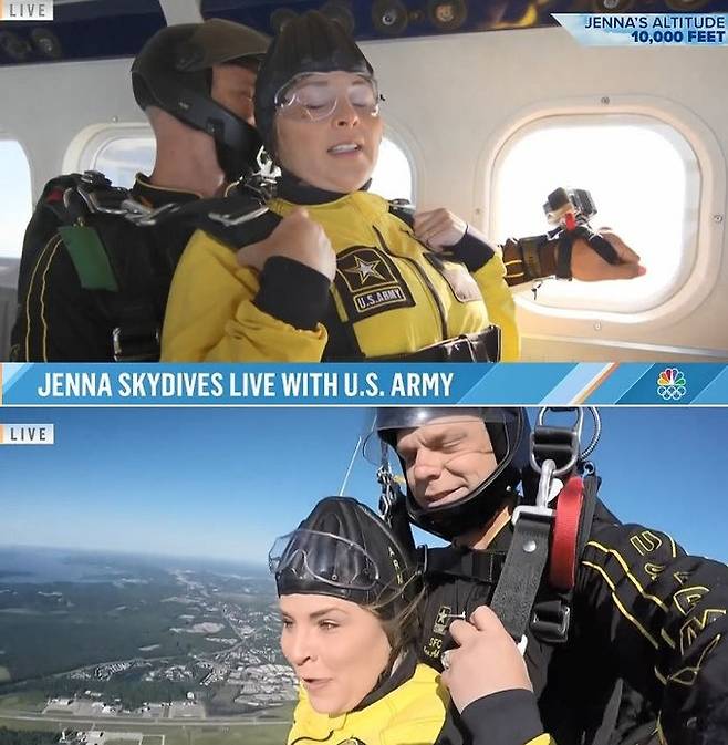 제나 부시 헤이거가 최근 2018년 세상을 떠난 할아버지 조지 H W 부시 전 미국 대통령을 추모하며 스카이다이빙을 하는 모습. 3㎞ 상공을 나는 헬리콥터 안에서 두려움에 떨던 제나(위 사진)는 막상 자유낙하에 돌입하자 스릴과 스피드를 만끽했다(아래 사진). NBC 방송 화면 캡처