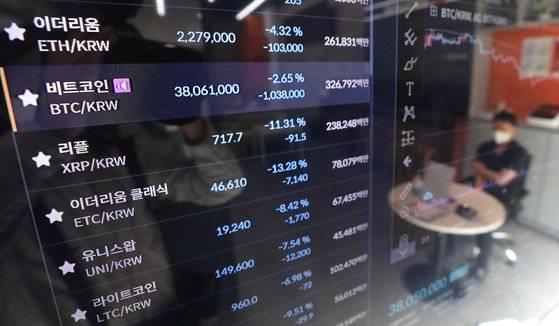 중국의 암호화폐(가상화폐) 채굴장 전면 폐쇄 여파로 비트코인 가격이 급락한 22일 오전 서울 강남구 빗썸 강남고객센터에 비트코인을 비롯한 암호화폐 시세가 표시되고 있다. 뉴스1