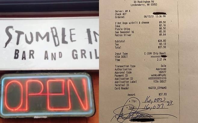 익명의 손님이 1800만원의 팁이 적힌 계산서(오른쪽)을 남기고 떠난 미국의 한 음식점(왼쪽). (페이스북 갈무리) © 뉴스1