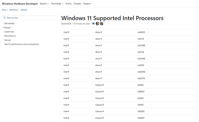 사진 속 문서는 하드웨어 제조사를 위한 가이드일 뿐, 윈도11 설치가 가능한 CPU를 모두 나열한 게 아니라는 게 마이크로소프트 측 설명이다 (출처=마이크로소프트)