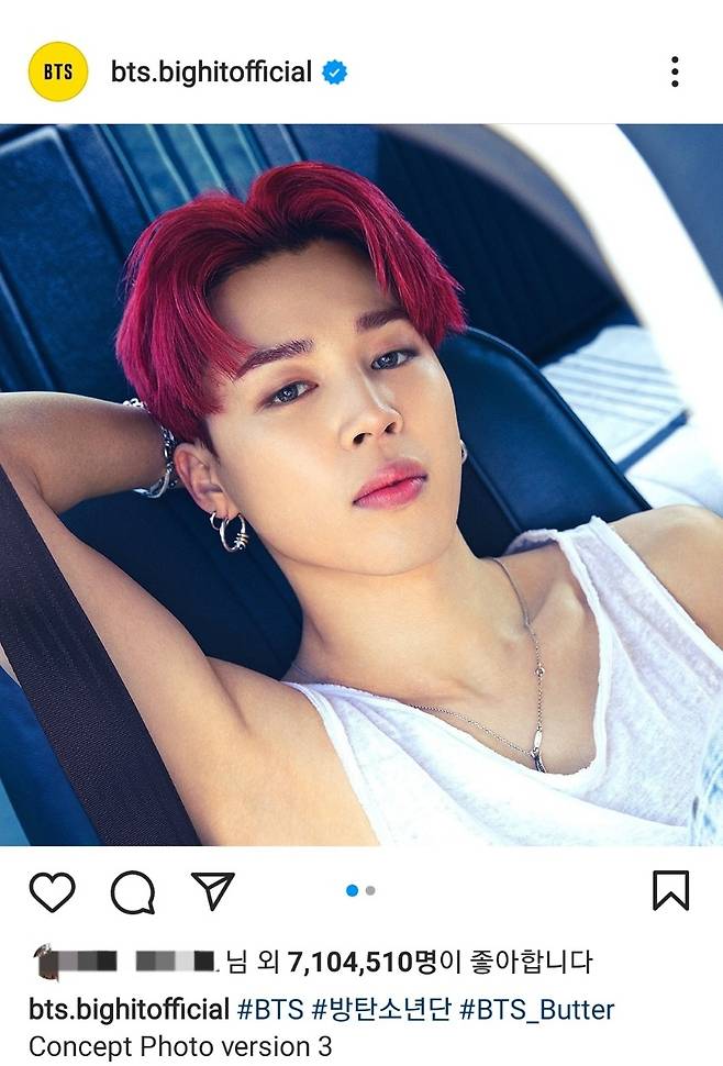 'SNS 제왕' 방탄소년단 지민, 인스타그램 콘셉트 포토 3개 700만 '좋아요♥' 韓남자 연예인 新기록 '트리플크라운'