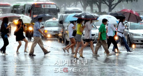 장마전선의 영향으로 중부지방에 많은양의 비가 내리고 있는 24일 서울 세종로를 지나는 시민들이 발걸음을 재촉하고 있다. /송원영기자
