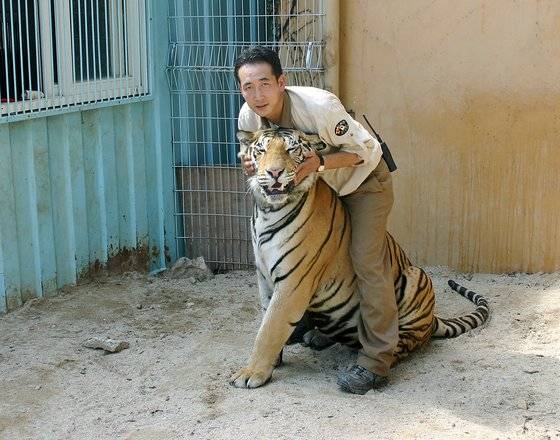 대전 오월드 맹수 사육사인 문진호 씨가 과거 호랑이와 함께 찍은 사진. 문진호 사육사 제공