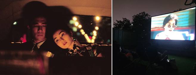 2000년에 개봉한 영화 '화양연화'(왼쪽)는 같은 날 같은 아파트로 이사 온 '첸 부인'과 '차우'의 비밀스러운 만남과 감정을 다룬다. 에무시네마에서는 옥상에 설치된 야외 스크린에서 왕가위 감독의 영화를 상영하는 '별빛시네마(오른쪽)'를 운영 중이다. /왓챠, NK 제공·에무시네마