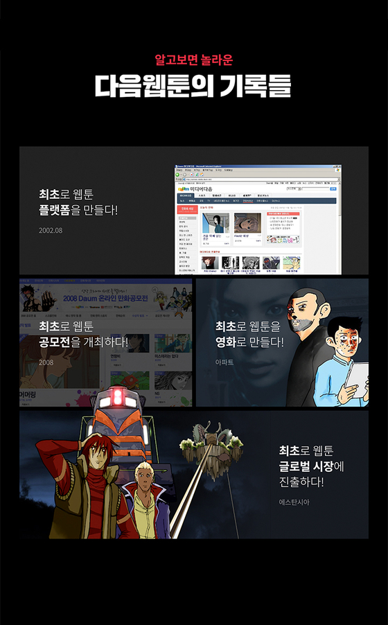 Daum Webtoon began in August 2002 and holds meaningful records in the webtoon industry, such as holding the first-ever open competition in 2008 and having a work by its webtoonist made into a film for the first time. [KAKAO ENTERTAINMENT]