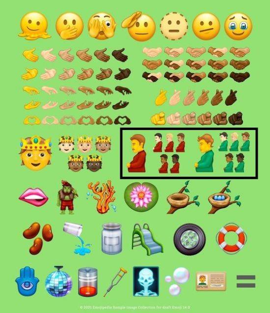 지난 17일 공개된 유니코드 컨소시엄의 '이모지 14.0' 버전 최종 후보들. '임신한 남성' 이모지가 포함돼 있다. /사진=이모지피디아