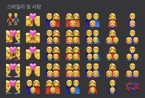 남-여 커플을 비롯한 동성 커플, 다양한 가족의 형태를 나타낸 이모지들./사진=이모지피디어