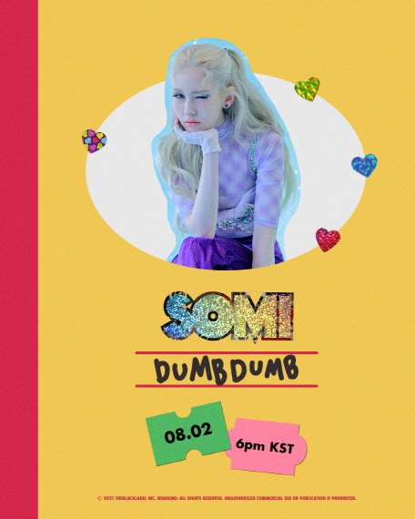 Singer Jeon So-mi has presented the charm of Reversal story with Teaser.The Black Ravel, a subsidiary company, posted the third Teaser Image of Jeon So-mis new song DUMB DUMB on the official SNS channel at 1 pm on the 26th.This Teaser Image is a yellow background with a heart sticker and a new song title Dumdum added in handwriting, reminiscent of a single note.Jeon So-mi drew attention with her kitsch purple costume, silk gloves and UNIQ make-up that gave her points in blue.UNIQ makeup and vivid color with famous makeup artist Pony have highlighted the complete visual of Jeon So-mi.A more colorful version of the first Teaser Image, which was opened on the 23rd, was also released.Jeon So-mi, who wore a heart-patterned lovely look, gave a fresh yet playful look and showed the human high-teen aspect.He also spewed out a chic aura, 180 degrees different, and Jeon So-mi sat in a red-lighted spot, staring straight at the front with a daring look, his chin on his chin.Teaser Images, which captures the charm of Reversal story, which has a certain temperature difference, have raised the curiosity about the comeback concept and new song of Jeon So-mi.Jeon So-mi was released in July last year, What You Waiting For, which topped the charts of iTunes K Pop in nine countries and regions around the world.In addition, Mnet M Countdown topped the list and became a unique Solo Queen.With a spectacular return, Jeon So-mi offers irreplaceable music and performance with Dumb DUMB.Dumb DUMB full of the colors of Jeon So-mi is expected to re-enact the title of Most Women Solo with a fresh charm that will surprise listeners once again.Jeon So-mis new song Dumb DUMB will be released on August 2 at 6 pm on various music sites.the blacklabel