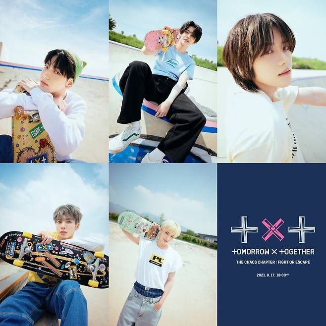 TOMORROW X Twogether posted a concept photo FIGHT version of Regular 2nd album repackaged album Chaos: FIGHT OR ESCAPE on the official SNS on the 2nd (Korea time).The five members in the picture stand at risk on a high rooftop with blue sky with a variety of stickers holding a Orange Is the New Black skateboard.TXT, which means team name, FIGHT, escape, song name No Rules, and various design stickers and colorful jewel stickers are used to attract attention.TOMORROW X Twogether is a kind of extreme sport, a skateboard that emits free-flowing energy.Skateboarding is a sport that reflects the spirit of challenge. The five members expressed Boys inner heart full of urge to fight against World, feeling alive through skateboarding, a thrilling and thrilling sport.TOMORROW X Twogether previously unveiled its D-day teaser and concept teaser, which gave former World Moa (MOA) a delight.They stimulated fans curiosity with keywords such as LO$ER (loser), LOER (lovers), and trendy content that reflects Z-generation (Gen Z) tastes such as board customization of the New Black and the use of emoji.