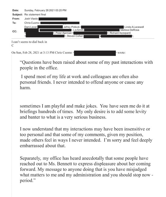 크리스 쿠오모 CNN 앵커가 형의 성추행 사건에 대한 입장 발표문에 들어갈 문구를 쓴 이메일.