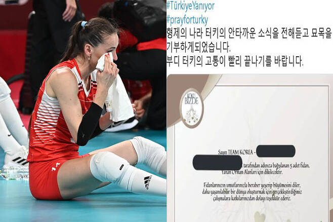 2020 도쿄올림픽 여자배구 8강전에서 패배한 터키 선수가 눈물을 흘리고 있다. 경기 이후 국내 누리꾼들은 화마가 덮친 터키 현지에 묘목을 구입해 보내는 등 기부를 이어나가고 있다. 올림픽공동취재단·해당 SNS 캡처