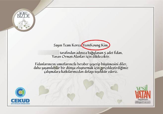대한민국 여자배구 국가대표 주장 김연경과 터키의 인연을 기억하는 국내 누리꾼들은 김연경의 이름으로 터키에 묘목을 기부하기도 했다. 해당 SNS 캡처