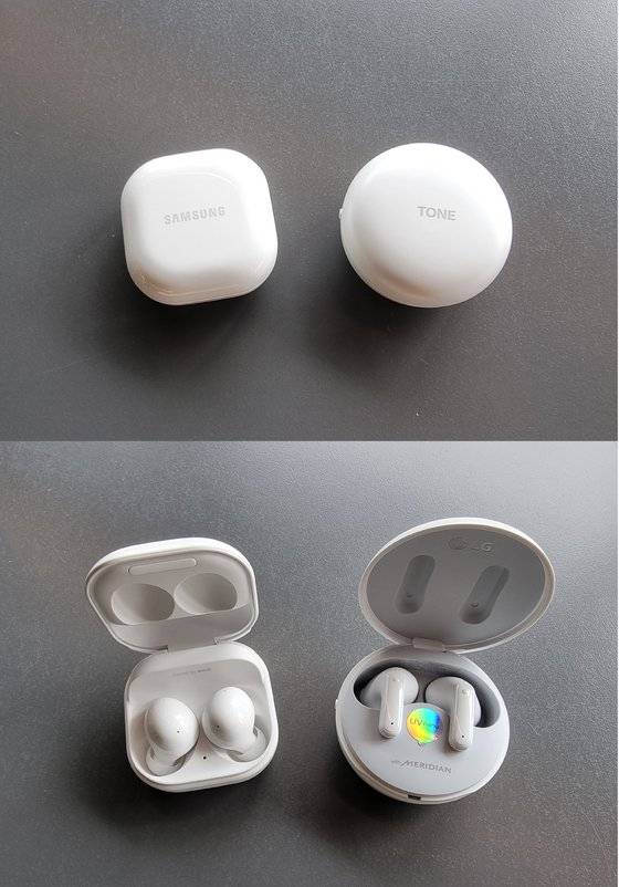 삼성 '갤럭시 버즈2(왼쪽)'와 LG 톤프리 제품 사진. 김경진 기자