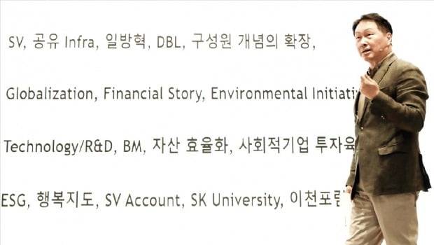 최태원 SK그룹 회장이 2021년 6월 경기 이천시 SKMS연구소에서 열린 ‘2021 확대경영회의’에서 마무리 발언을 하고 있다. SK 제공