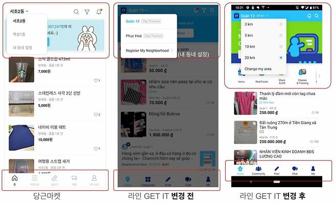 중고거래 애플리케이션(앱) 당근마켓을 운영하는 김재현 대표는 2019년 7월 당시 네이버 자회사 라인이 베트남에서 서비스하는 앱 '겟잇(GET IT)'이 당근마켓을 표절했다고 자신의 페이스북에 비교사진을 게시했다. / 사진=김재현 대표 페이스북