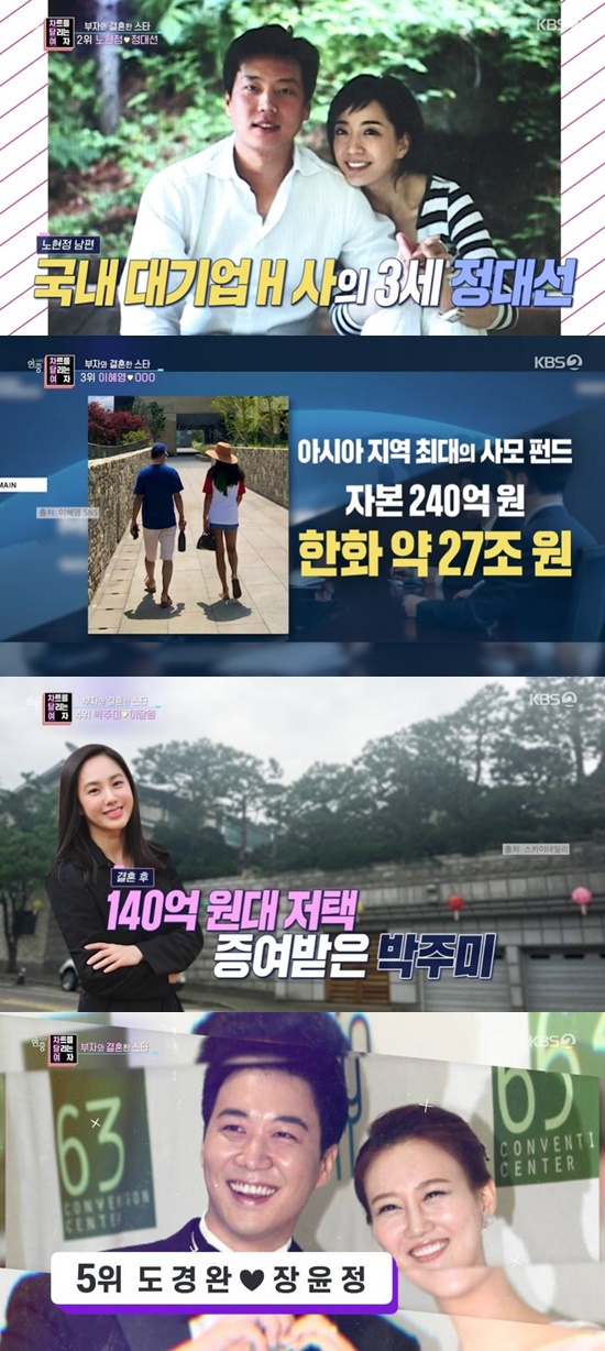 On the 27th KBS 2TV Year-round live, the ranking of Married Star with Rich was revealed.The top spot was Park Ji-yoon, who had made headlines in 2019 with news of her surprise marriage to co-chairman Cho Soo-yong of Kakao.Park Ji-yoon, who usually named a person who fits the cultural code well, met with Cho Soo-yong as a host and performer of a podcast, and later he denied it.But two years later, he posted a private Wedding ceremony to announce that he was married.In particular, Cho Soo-yong was reported to have received 4.3 billion won in salary and bonuses in the first half of this year.Noh Hyun-jung, a former KBS announcer who married President Chung Dae-sun in 2006, was ranked second, followed by Lee Hye-Yeong in third.Lee Hye-Yeong, who has been working as a painter since he posted more than 10 billion won in annual sales as a fashion brand business, posted a superb wedding ceremony with his current husband in Hawaii in 2011.Lee Hye-Yeongs husband is a member of the Department of Economics at the prestigious University of the United States and is a founding member and CEO of the domestic private equity fund.In particular, it is said that the capital under management is only 27 trillion One.In addition, Lee Hye-Yeongs residential luxury villa in Hannam-dong is said to reach 4.6 billion One.Park Joo-mi, who married the second generation of a medium-sized company with annual sales of 70 billion won, was ranked fourth, and Do Kyung-wan, who married Singer Jang Yun-jeong, the Queen of Event, was ranked fifth.Jang Yun-jeong, called moving small and medium-sized enterprises, reached 10 million One at the time as of 2006.Kim Ki-bang, who married Kim Hee-kyung, a beauty brand businessman and online shopping mall, was selected as the sixth place.The shopping mall has recorded annual sales of 13 billion won for three years, and has recently expanded to the cafe business, and it has been reported that it has sold close to 1.8 billion won last year.In seventh place, director Jang Hang-joon, who married Kim Eun-hee writer, was named as the top A writer in Korea and reportedly received about 100 million One writing fees per episode.Lee Seo-young, who married a representative of a restaurant business aged 9 in 2017, rose to eighth place.Year-round live is broadcast every Friday at 8:30 pm.Photo = KBS 2TV broadcast screen