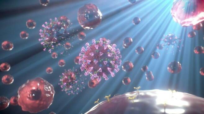 코로나 바이러스에 빛을 비추는 모습의 상상도. LED 빛으로 사람 세포에서 델타 변이 코로나 바이러스를 99.99% 제거했다는 주장이 나왔다./에미트바이오