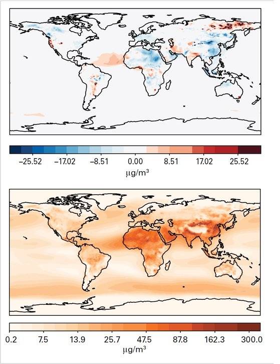 2020 전세계 초미세먼지 농도 분포. 위의 지도는 2020년 농도와 2003~2019년 농도 평균값과 비교했을 때 차이를 나타낸 것이고, 아래 지도는 2020년 평균값을 나타낸 것이다. 자료=세계기상기구(WMO)
