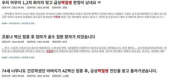 청와대 홈페이지에 백신 접종 후 백혈병 진단을 받았다고 주장하는 청원글이 다수 올라왔다./청와대 홈페이지