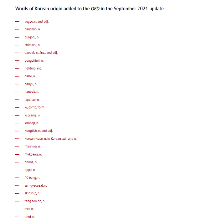 2021년 9월 옥스퍼드영어 사전에 새로 등재된 한국어 표제어