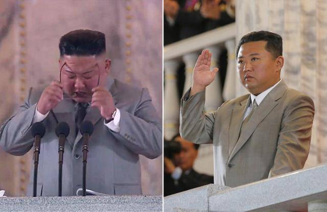김정은 북한 국무위원장이 지난해 10월 당 창건 75주년 경축 열병식 연설 도중 울먹이고 있다(왼쪽). 김 위원장은 9일 새벽 열린 열병식에서는 연설을 하지 않았다. 평양=조선중앙TV·조선중앙통신 연합뉴스