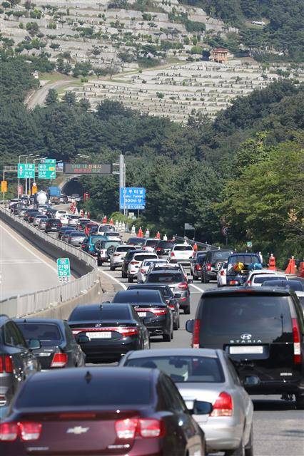 조상님 기다리실라… 추석 앞두고 성묘행렬 - 추석연휴를 일주일 앞둔 12일 오전 중앙고속도로 춘천방향 경북 칠곡 다부터널 주변에서 연휴 전 미리 성묘를 하려는 차량들이 극심한 정체를 빚고 있다.칠곡 뉴스1