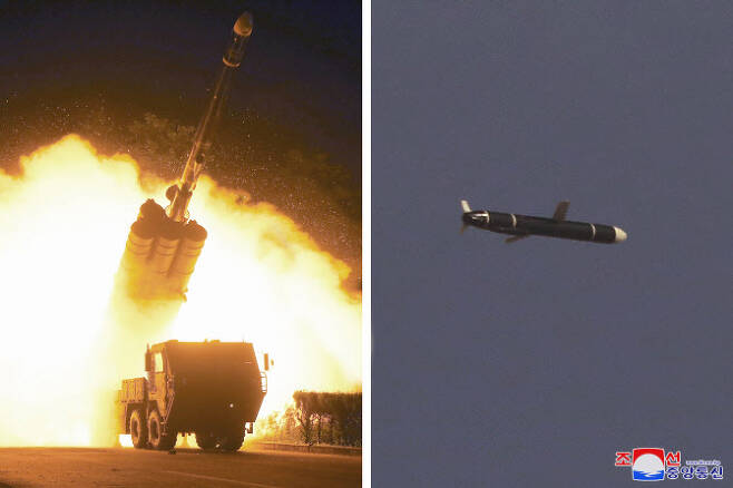 북한 국방과학원은 9월 11일과 12일 새로 개발한 신형장거리순항미사일시험발사를 성공적으로 진행했다고 조선중앙통신이 13일 보도했다.(사진=조선중앙통신, 연합 제공)