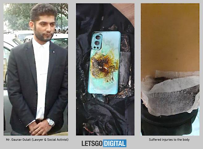 지난 8일 인도에서 폭발한 원플러스 노드2(가운데)와 사고 피해자 가우라브 굴라티 변호사(왼쪽) 모습. [렛츠고디지털 캡처]