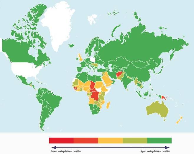 네덜란드 아동인권단체 '아동권리재단'이 발표한 '2021 아동인권 인덱스' 지도. 붉은색에 가까울수록 점수가 낮고 초록색에 가까울수록 점수가 높다. ['아동권리재단' 홈페이지 캡처. 재판매 및 DB 금지]