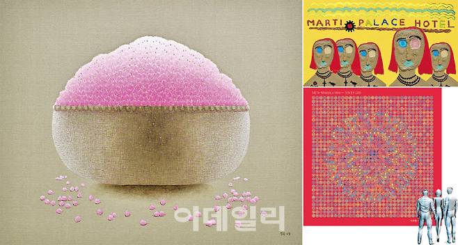 최근 NFT 시장을 달군 작품들. 김정수의 ‘아젤리아’(Azelia#1∼#300·2021·왼쪽부터 시계방향으로), 하정우의 ‘더 스토리 마티 팰리스 호텔’(2021), 전인경·이주행의 ‘메타-만다라 미니-33×33그리드’(2021)다. ‘아젤리아’는 ‘진달래-축복’(2019)을 NFT화해 300개 한정판(1000달러·약 117만원)으로 판매 중이고, ‘더 스토리 마티 팰리스 호텔’은 지난달 경매에서 4만 7000클레이(약 5700만원)에 낙찰됐다. ‘메타-만다라 미니-33×33그리드’는 국내 최초 NFT 아트페어 ‘넥스트 아트페어’에 출품, 색·문양을 분할해 1024개로 나눠 다시 제작한 작품을 5만원씩에 판매해 눈길을 끌었다(사진=선화랑·표갤러리·임팩트스테이션).