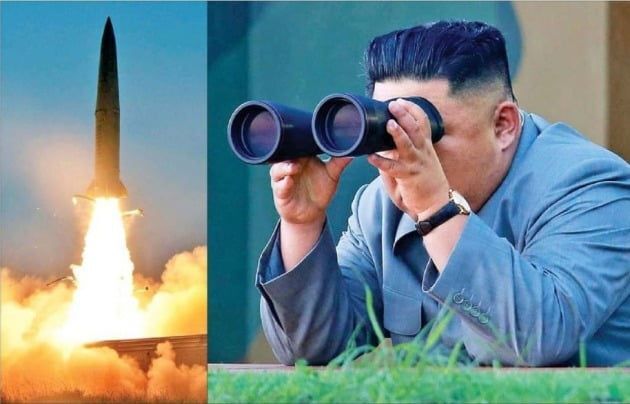 북한이 지난해 공개했던 신형 탄도미사일과 이를 망원경으로 관측하는 김정은. /연합뉴스
