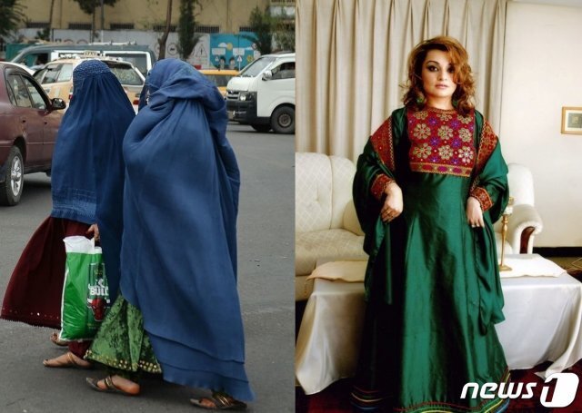 탈레반이 아프가니스탄 여성들에게 ‘이슬람 복장’(왼쪽) 착용을 강요한 가운데, 전세계의 아프간 여성들이 전통 의상(오른쪽)은 더욱 화려했다며 캠페인을 벌이고 있다. © AFP=뉴스1, 트위터 갈무리