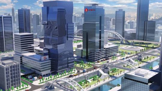 롯데건설은 마이스(MICE, 회의·관광·컨벤션·전시 및 이벤트)·역세권 개발, 화공·발전플랜트, 프롭테크(Prop Tech·부동산과 기술의 조합) 산업에서도 ‘글로벌 톱티어’ 기업으로 도약하고 있다. 롯데건설이 직방과 손잡고 가상공간인 메타폴리스 내에 구현한 롯데건설과 주변 건물 이미지. 롯데건설 제공