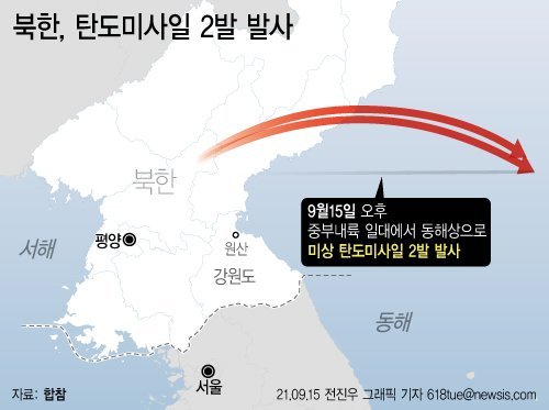 북한이 15일 우리 군의 잠수함발사탄도미사일(SLBM) 시험 발사에 앞서 중부 내륙에서 동해상으로 탄도미사일을 발사했다. (그래픽=전진우 기자) /사진=뉴시스