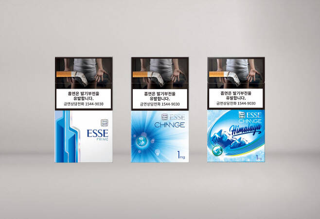 ▲KT&G 초슬림 담배 브랜드 ‘에쎄(ESSE)’의 국내 시판 대표 제품. (왼쪽부터) ‘에쎄 프라임’, ‘에쎄 체인지 1mg’, ‘에쎄 체인지 히말라야’.(사진=KT&G)