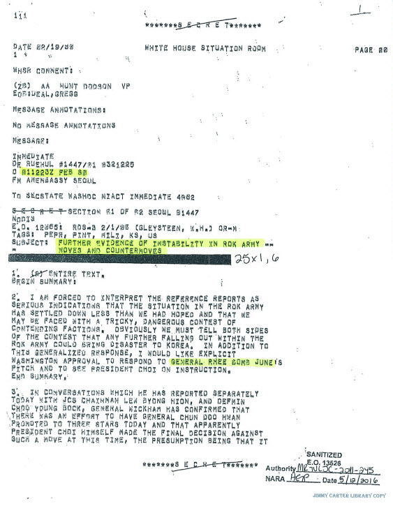 역쿠데타 제보 내용을 밝히며 이범준 장군의 이름이 적힌 주한 미국대사관 문서