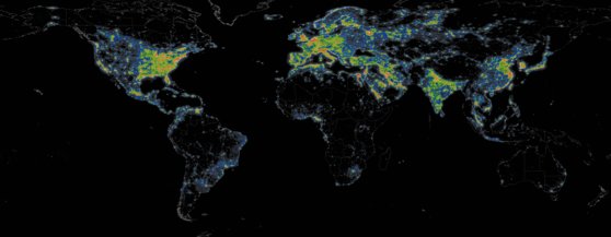 인공위성 데이터로 그린 전 세계 빛 공해 지도(2016년). The World Atlas of the Artificial Night Sky Brightness