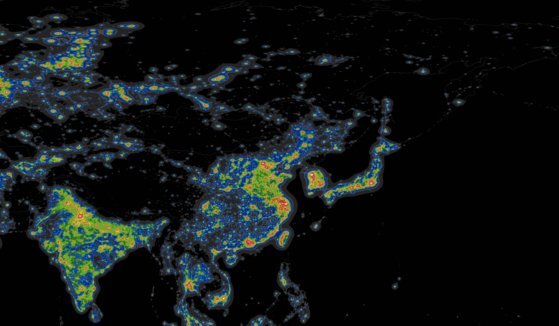 아시아 지역 빛 공해 지도(2016년) The World Atlas of the Artificial Night Sky Brightness