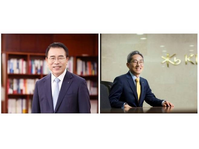 KB Financial Group Chairman Yoon Jong-kyoo and Shinhan Financial Group Chairman Cho Yong-byoung
