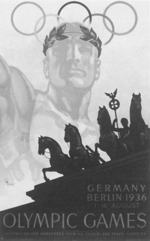 베를린 올림픽 포스터. 미국올림픽위원회 위원장은 고대 그리스 이후 그 어떤 나라도 독일만큼 진정한 올림픽 정신을 담지 못했다고 칭찬했다.