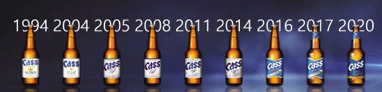 카스는 1994년 출시 후 끊임없는 혁신과 진화로 ‘국민 맥주’로 자리매김했다. 사진은 94년부터 지난해까지 출시된 카스 제품. [사진 오비맥주]