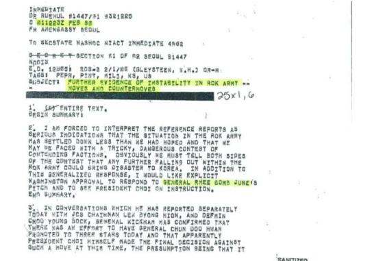 A telegram that the U.S. Embassy in South Korea sent to the U.S. State Department on February 1, 1980 cites General Rhee Bomb June as the person who tipped the U.S. on movements against Chun Doo-hwan in the military. On September 16, the Ministry of Foreign Affairs announced that they received declassified U.S. diplomatic documents (206 pages) in connection to the May 18 Democratic Uprising from the Jimmy Carter Library. Courtesy of the Ministry of Foreign Affairs