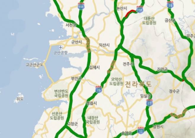 한국도로공사 로드플러스 홈페이지에 게재된 17일 오전 11시 고속도로 정체예상 교통지도 화면 캡처