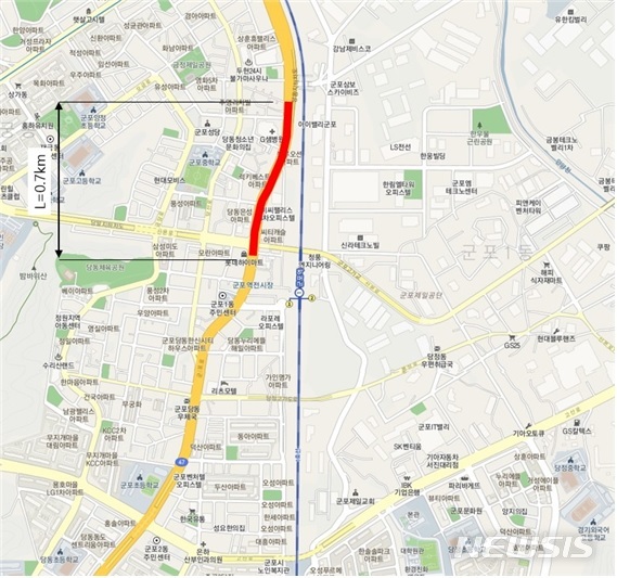 당동 지하차도~우리은행 사거리 지중화(붉은 색 부분).