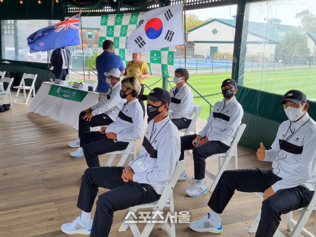2021 데이비스컵 월드그룹 1회전에 출전한 한국 테니스 남자대표팀 선수들. 지난 16일 대진 추첨식 때의 모습이다. 대한테니스협회 제공