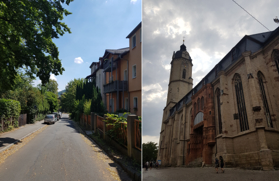 예나의 한적한 주택가 골목길(왼쪽). 오른쪽은 독일 튀링엔 주에서 가장 큰 고딕 건축물 중 하나인 성 미카엘 교회다. 1980년대 반독재 평화 시위가 이 교회 앞 광장에서 열렸다. /사진=송경은 기자