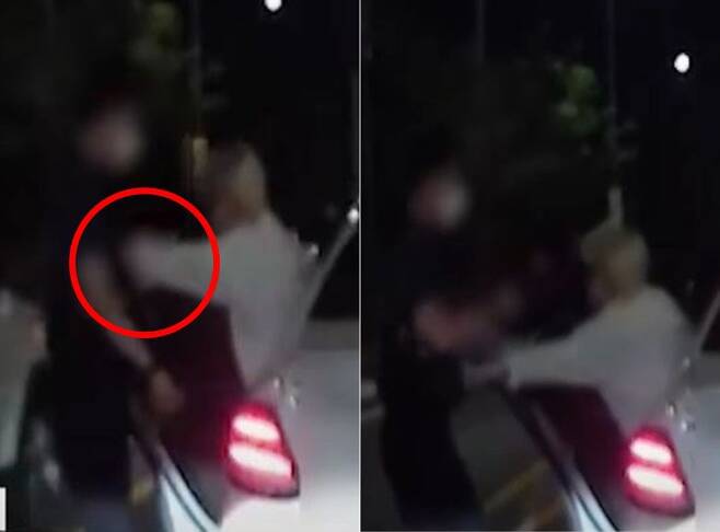 장제원 국민의힘 의원 아들인 장용준(예명 노엘)씨가 18일 밤 접촉사고 현장에서 음주측정을 요구한 경찰관을 밀쳐내는 장면. /SBS 8시 뉴스 보도화면